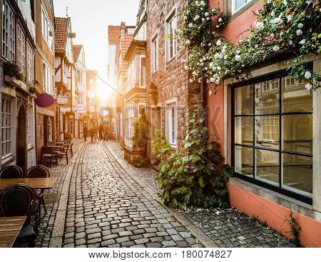 Historic Schnoorviertel At Sunset In Bremen, Germany