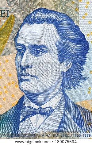 Mihai Eminescu portrait from Romanian money - Lei