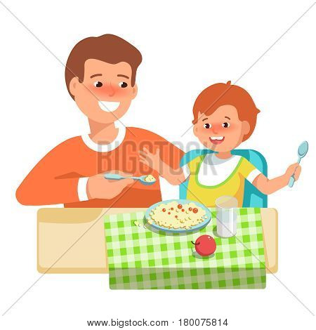 Vector illustration of happy father feeding her child in flat style on white background. Meal in a kindergarten or home. Concept complementary food
