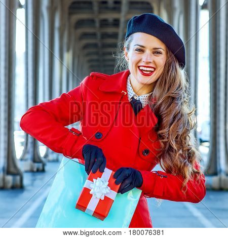 Tourist Woman Showing Shopping Bag And Christmas Present Box