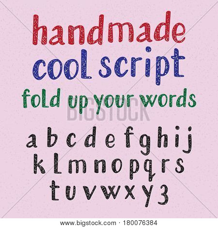 Handwritten style cool typeface. Isolated english alphabet of grainy texture. Fashion font of lowercase letters.