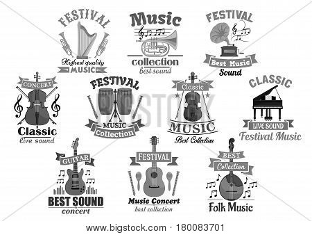 Music instrument symbol set. Guitar, piano, drum, trumpet, harp, violin, horn and maracas with musical notes and treble clef, ribbon banner and star. Classic and jazz music concert, festival design