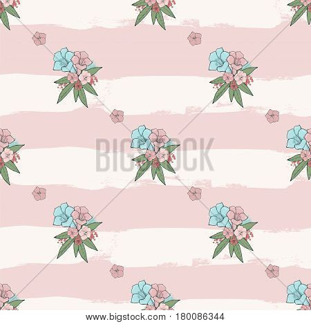 Vector gentle seamless pattern. Exotic pink and blue flowers on striped background. Floral art. Textile design