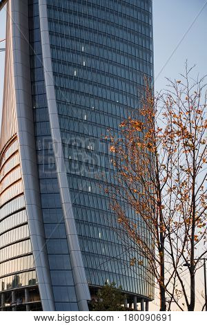 MILAN, ITALY - NOVEMBER 7, 2016: Milan (Lombardy Italy): modern glass skyscraper in Citylife (Tre Torri) known as the Generali building