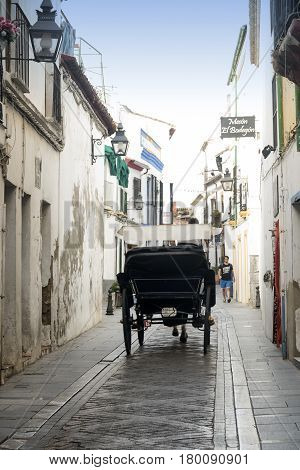 CORDOBA, SPAIN - JULY 19, 2016: Cordoba (Andalucia Spain): a traditional coach along a street of the Juderia