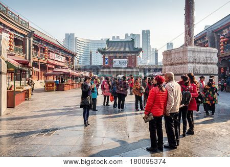 Tianjin, China - Nov 1, 2016: Tianjin Ancient Cultural Street, preserved in the classical Qing Dynasty architectural style. Morning scene to what is a very popular tourist area.