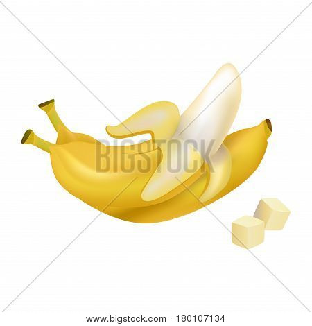 Peeled and diced ripe bananas. Tropical fruit realistic vector isolated on white background. Fresh ingredient of vegetarian salad illustration for healthy food and natural nutrition concepts design