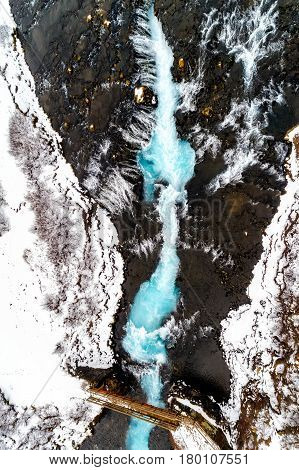 Aerial View Of Beautiful Bruarfoss Waterfall With Turquoise Water, South Iceland