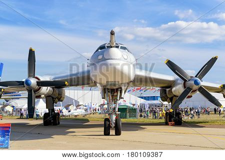 MOSCOW REGION - AUGUST 28, 2015: Russian strategic bomber Tupolev Tu-95MS 