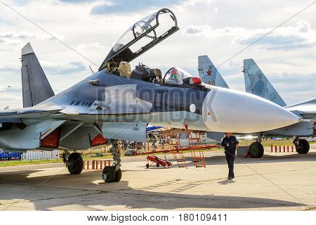 MOSCOW REGION - AUGUST 28, 2015: Russian multirole fighter Sukhoi Su-30 