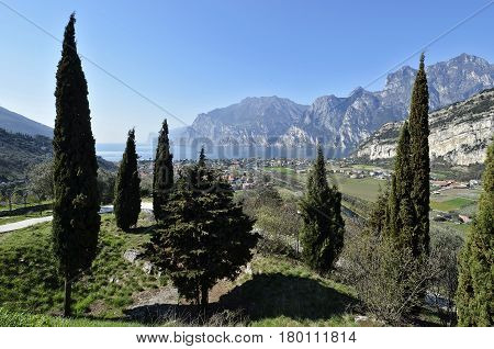 Panoramic view of Torbole and Lake Garda in spring