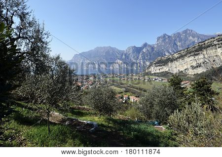 Panoramic view of Torbole and Lake Garda in spring