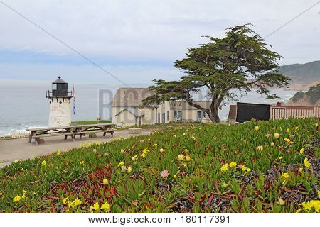 The Point Montara Fog Signal and Light Station off of California Highway 1 approximately 25 miles south of San Francisco on a foggy day