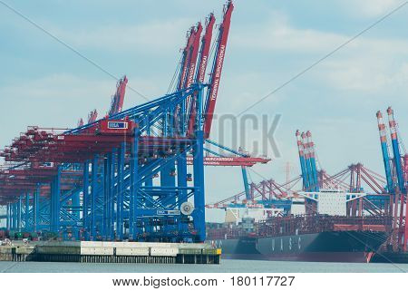 Hamburg, Germany - April 02, 2017: Container terminal Burchardkai in Hamburg on the Elbe, April 02, 2017 in Hamburg