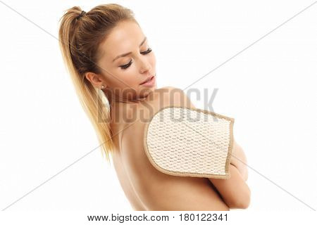 Woman with bath sponge isolated on white with healthy skin