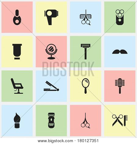 Set Of 16 Editable Tonsorial Artist Icons. Includes Symbols Such As Hair Drier, Peeper, Cut Tool And More. Can Be Used For Web, Mobile, UI And Infographic Design.