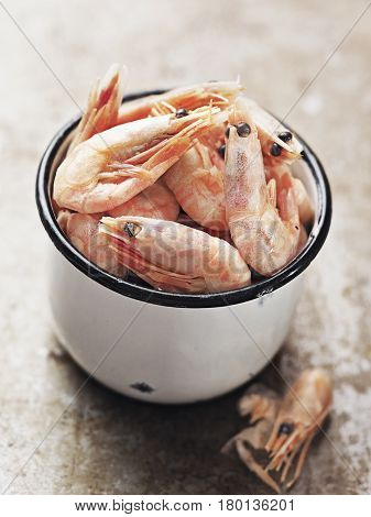 close up of rustic english pub grub pint of prawns