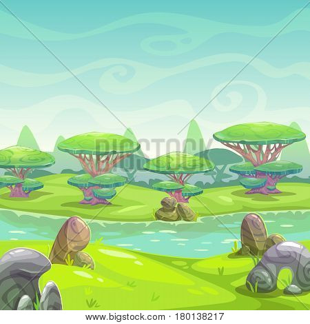 Fantasy cartoon nature landscape. Vector square illustration.