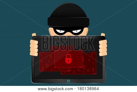 A hacker and a rascal are holding a broken tablet in their hands. A serious problem the loss of data. Bandits in a black dark mask hides his face. Flat style. Many open folders