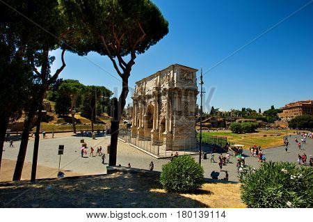 Arco di Constantino in Rome, Italy - July 10, 2012: The Arch of Constantine is a triumphal arch in Rome, situated between the Colosseo and the Palatine Hill.