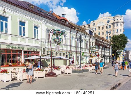 MOSCOW - AUGUST 7 2016: Opened terrace of cafe on Klimentovsky lane on clear day. This area was reconstructed and became pedestrian in 2014.