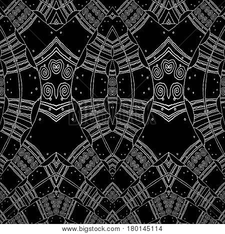 Abstract geometric background. Regular spirals pattern with wiggly lines white on black, ornate and dreamy.