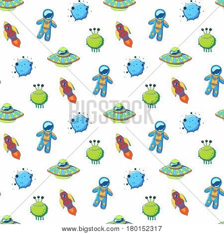 Space seamless pattern with rocket alien planet astronaut and ufo. Vector illustration.