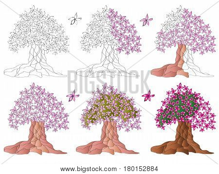 Magnolia, a blooming tree. Coloring different variations