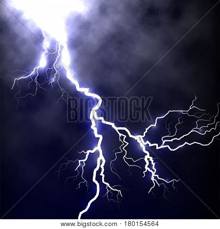 Isolated realistic lightning in the dark blue sky, tunderstorm element vector illustration.