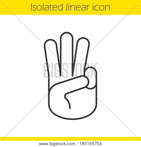 Three fingers salute linear icon. Thin line illustration. Scout promise sign. Three fingers hand gesture contour symbol. Vector isolated outline drawing