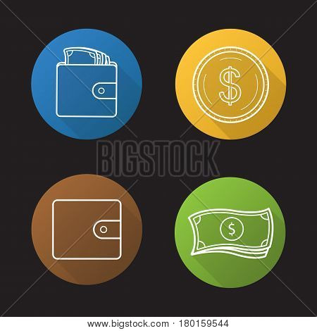 Money flat linear long shadow icons set. Cash. Dollar bills stack, leather wallet full of banknotes, gold dollar coin. Vector line illustration