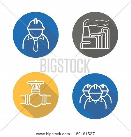 Industrial complex flat linear long shadow icons set. Chemical factory, chief and workers, gas pipe valve. Vector line illustration