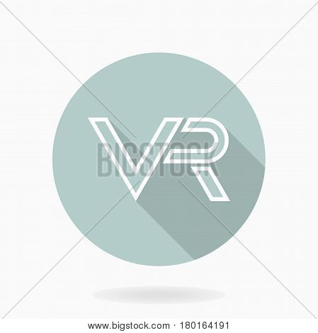 White vector icon with VR logo in the blue circle. Flat design with long shadow. Virtual reality logo