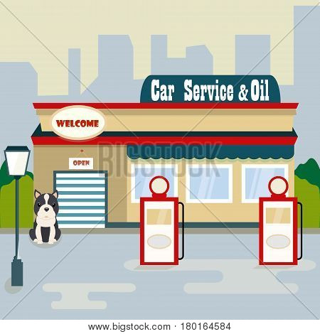 Illustration of the car service and oil with cute dog