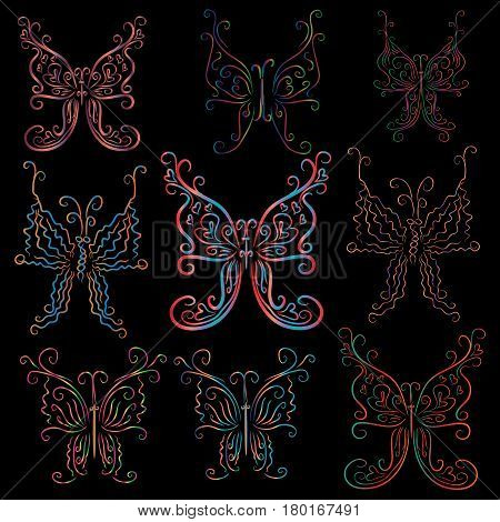 Nine contour luminous butterflies On a black background. Elegant