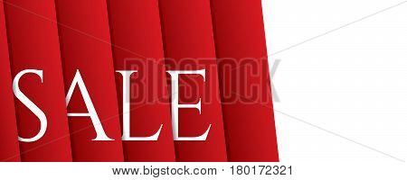 White Sale Hanging Design On Red Curtain Backdround For Banner Or Poster. Sale And Discounts Concept