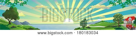 Panoramic landscape - a country cottage on the hill. The mountains on the horizon. The sunrise over the ocean. Hill. The road to the ocean. Vector illustration