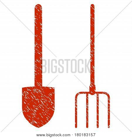 Grunge Pitchfork And Shovel Tools rubber seal stamp watermark. Icon symbol with grunge design and dirty texture. Unclean vector red sign.