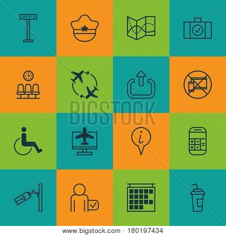 Set Of 16 Travel Icons. Includes Departure Information, Globetrotter, Video Surveillance And Other Symbols. Beautiful Design Elements.
