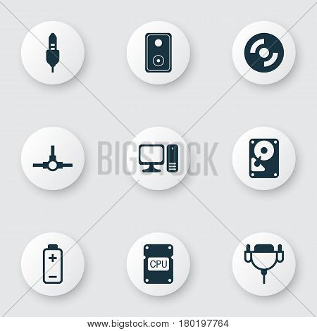 Set Of 9 Computer Hardware Icons. Includes Aux Cord, Battery, Hdd And Other Symbols. Beautiful Design Elements.
