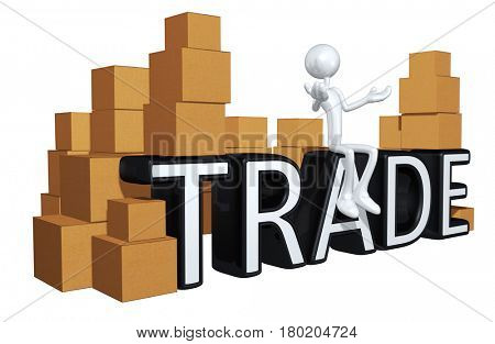 The Original 3D Character Illustration Sitting On The Word Trade With Boxes All Around
