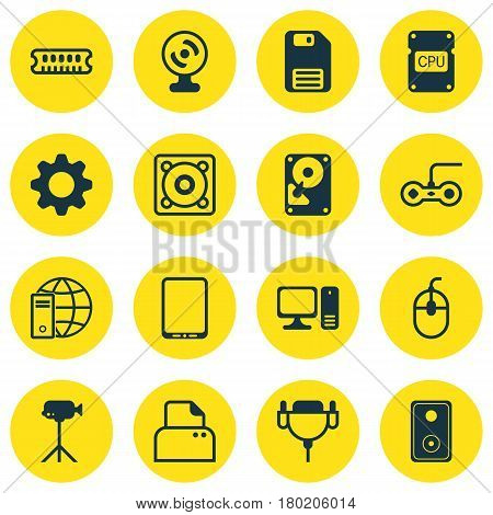 Set Of 16 Computer Hardware Icons. Includes Cellphone, Internet Network, File Scanner And Other Symbols. Beautiful Design Elements.