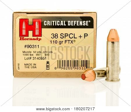 Winneconne WI - 5 April 2017: A box of Hornady critical defense 38 special hollow point bullets on an isolated background.