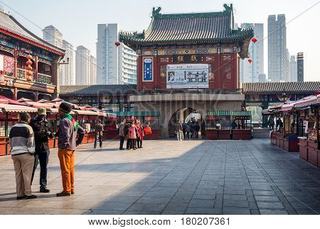 Tianjin, China - Nov 1, 2016: Tianjin Ancient Cultural Street, preserved in the classical Qing Dynasty architectural style. Morning scene to what is a very popular tourist area.