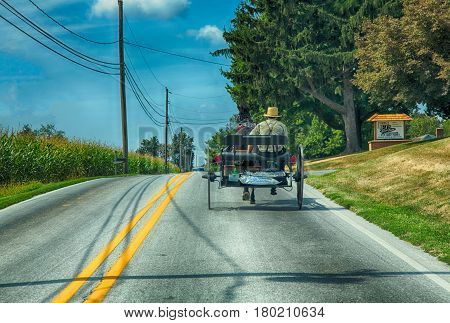 Lancaster Pennsylvania - September 10 2016 - An Amish man drives his buggy on a road in rural Pennsylvania.