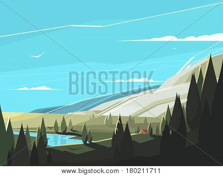 Forest natural landscape. Serene wooded area with clean lake. Vector illustration