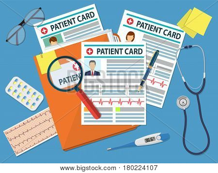 Folder with patient card and magnifying glass. medical report. analysis or prescription concept. Medical stethoscope, electronic thermometer and pills. vector illustration in flat style.