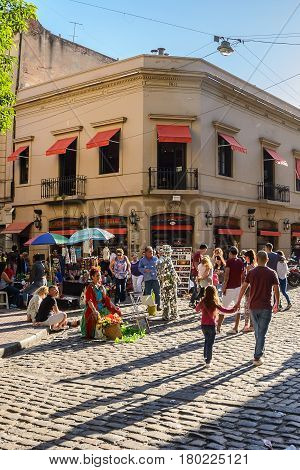 Buenos Aires Argentina - October 30 2016: Street artists in San Telmo in Buenos Aires during the market
