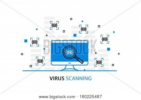 Virus scanning vector illustration. Computer bug search process on desktop line art.