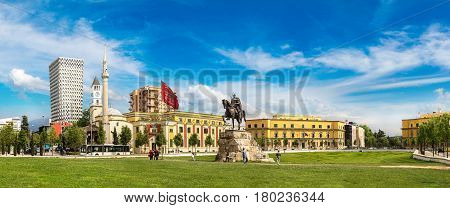 Panorama Of Skanderbeg Square And Skanderbeg Monument In Tirana In A Beautiful Summer Day Albania